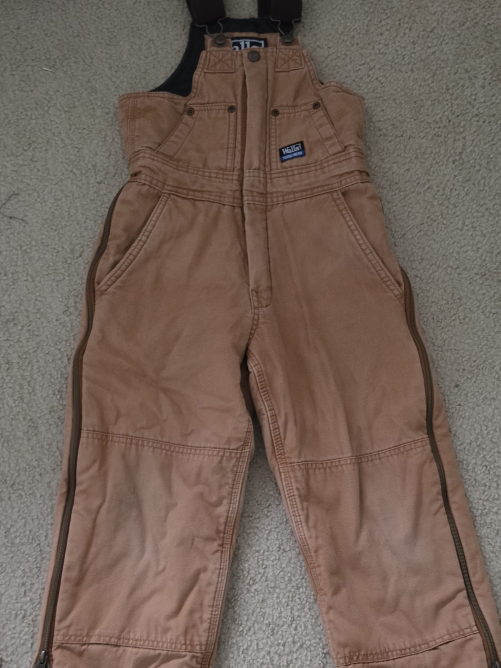 Walls Kids Brown Bib Overalls - Durable Tan Work-Style Bottoms 8/10